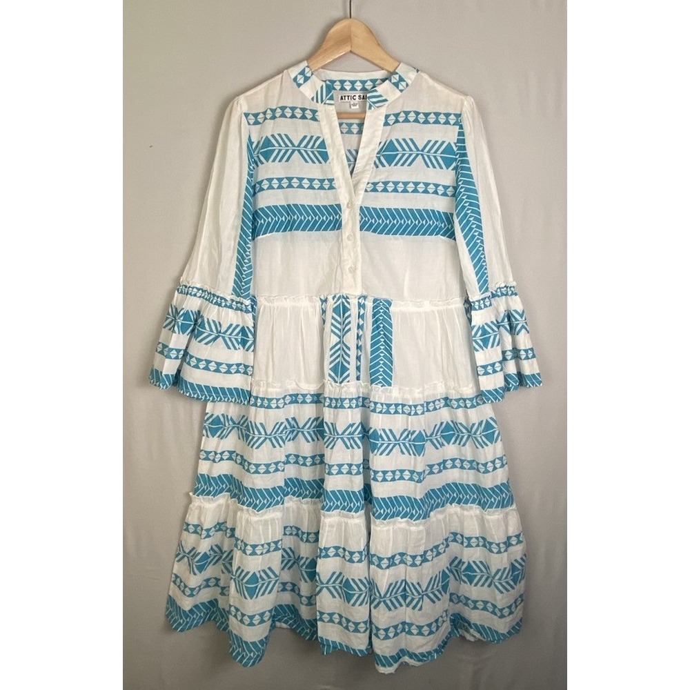 Attic Salt Teal & White Aztec Ruffle Boho Dress Light Weight Vacation Size L